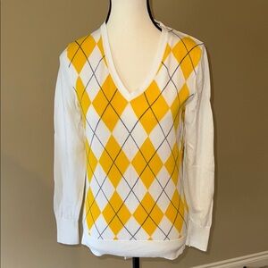Tommy Hilfiger Argyle Sweater Yellow and White V-Neck Women's Size M